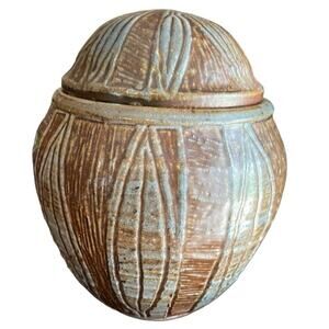 Handmade Pottery Jar with Lid Glazed Leaf Design
